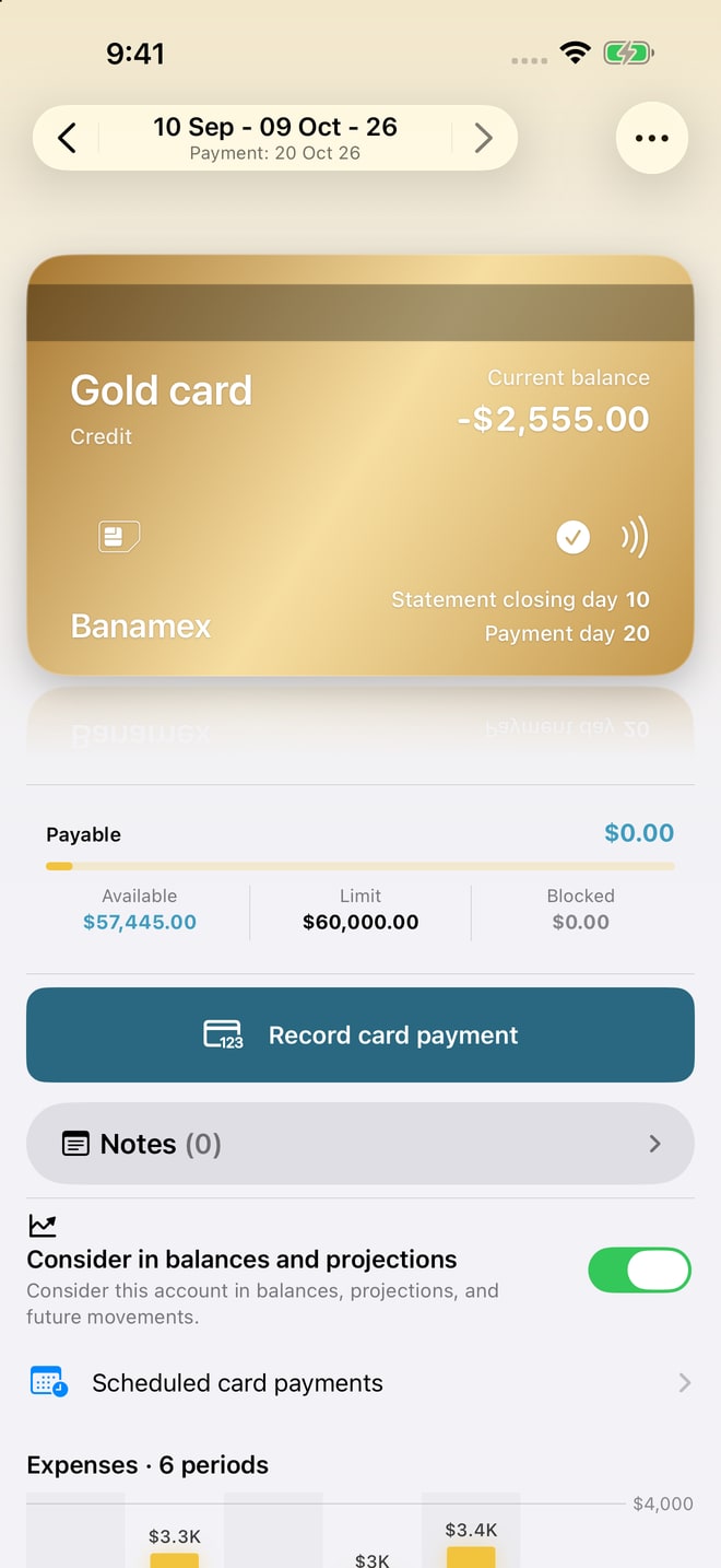 Account details on iPhone: balance and movements