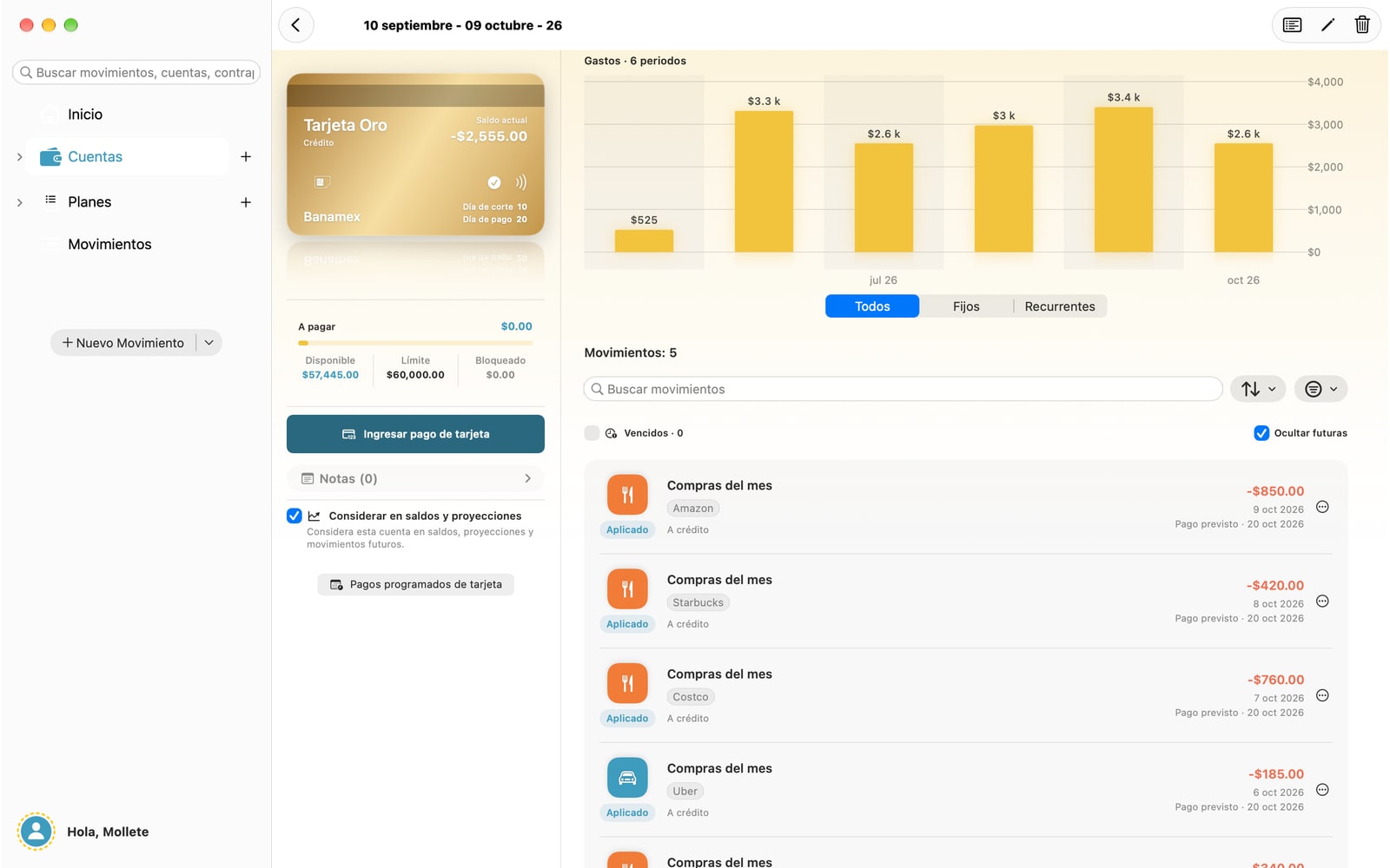 Detalle de cuenta en Mac: tarjeta, deuda e historial