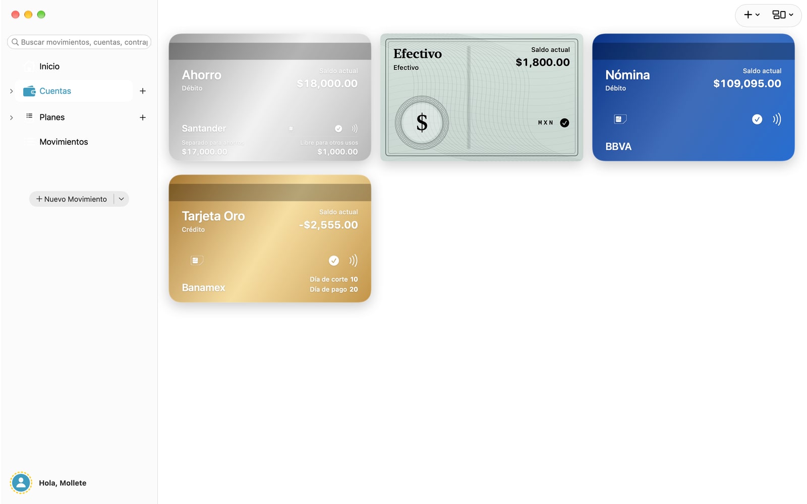 Cuentas en Mac: tarjetas, billetes y saldos