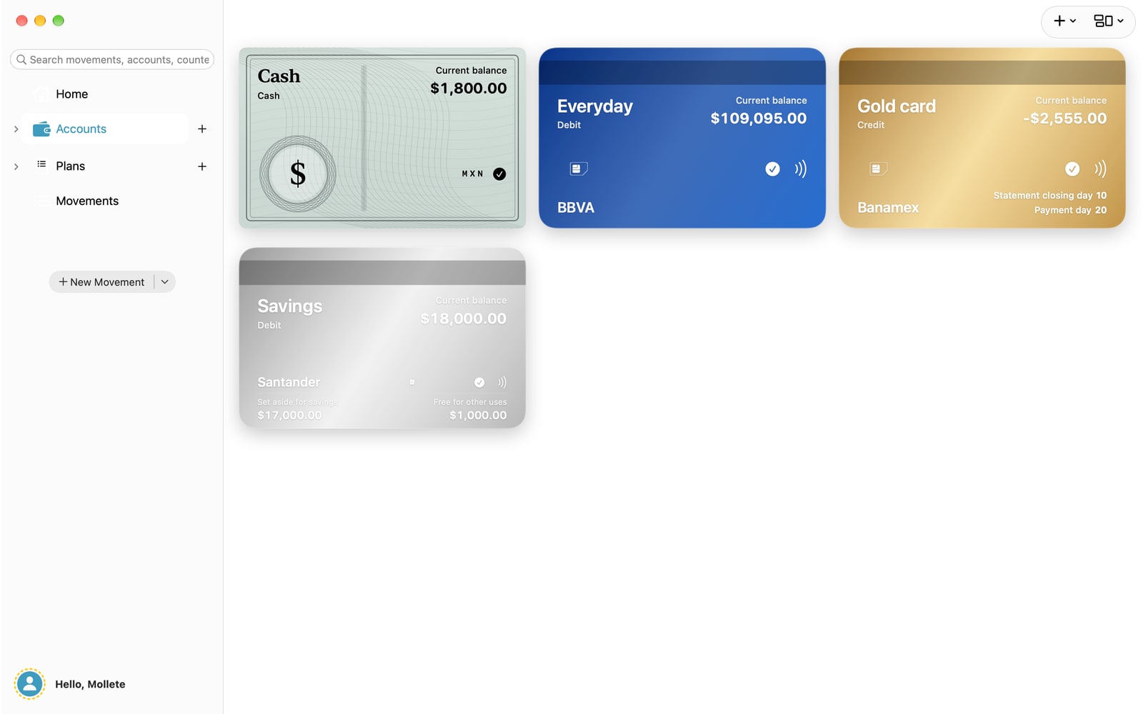 Mac Accounts: cards, banknotes and balances